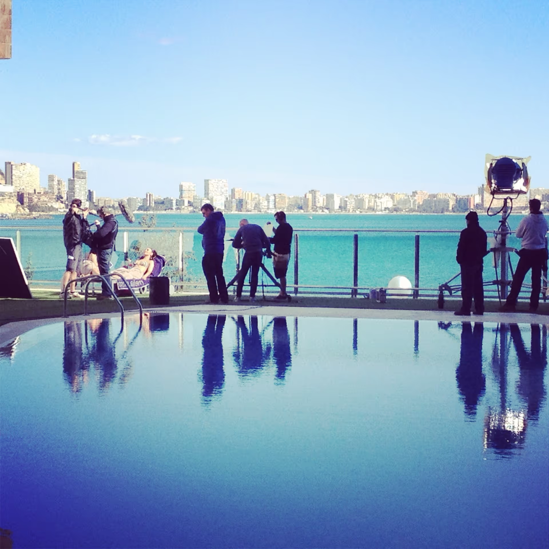 On site film set by a pool